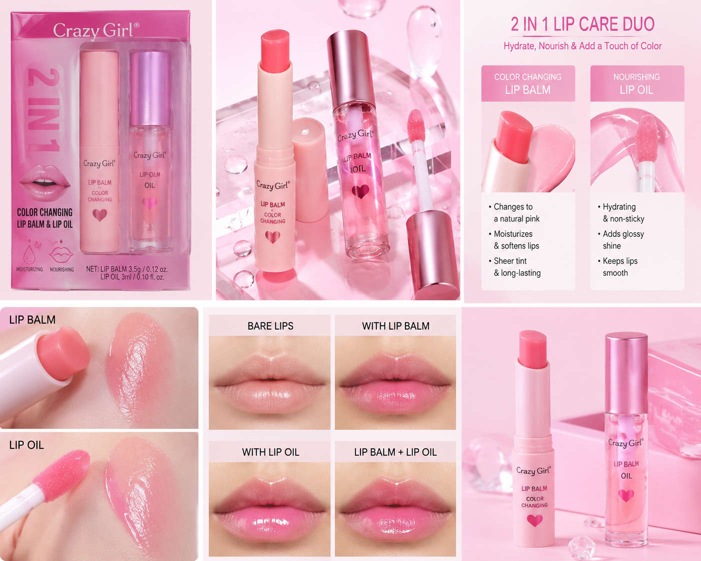Crazy Girl 2 In 1 Color Changing Lip Balm &amp; Lip Oil Set