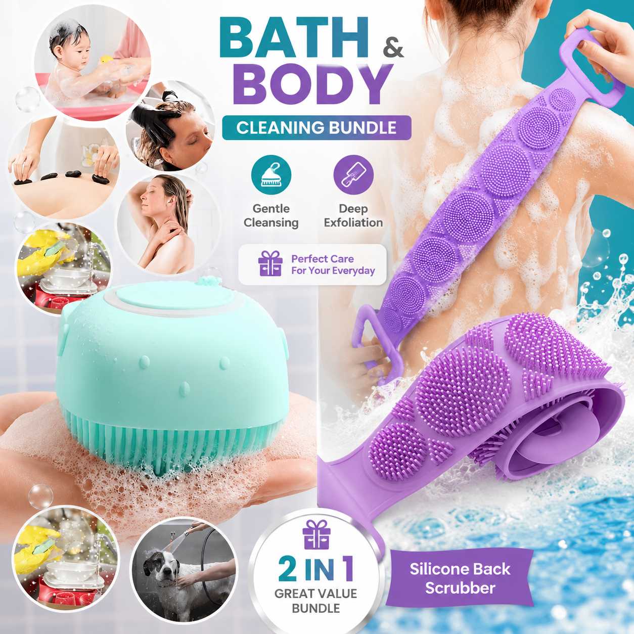 🛁 Silicone Bath Brush &amp; Silicone Back Scrubber Care Bundle ✨